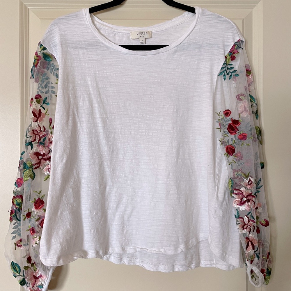 White Shirt with Sheer Floral sleeves